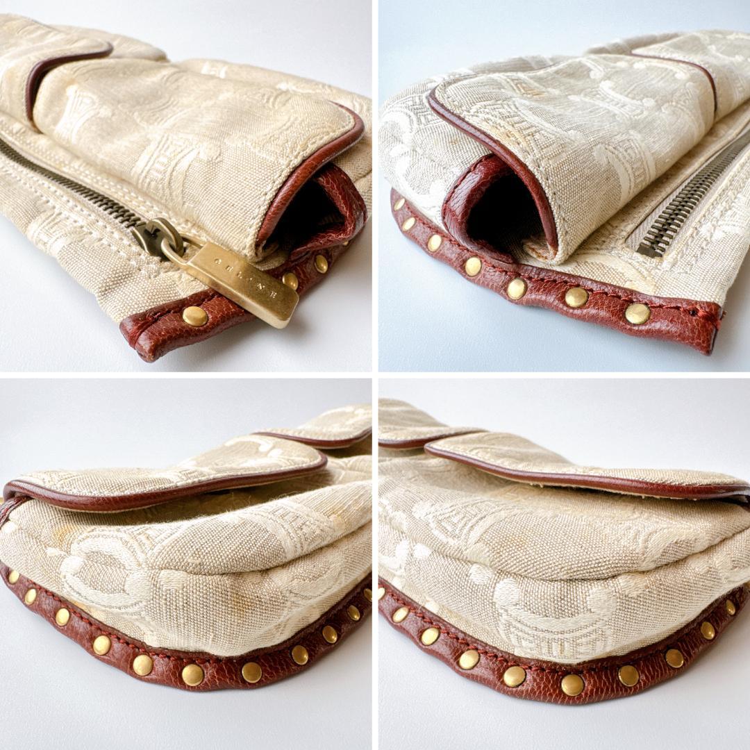 希少 セリーヌ マカダム ウエストバッグ ベージュ×ブラウン レザー×キャンバス