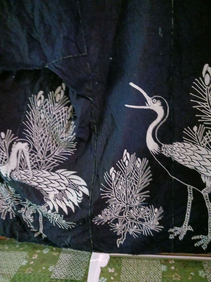 古布　夜着　綿　藍染　筒描き　家紋　鶴松　一枚