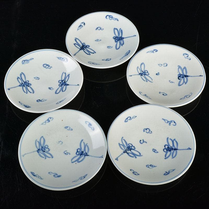 深川園　古染付写　蜻蛉文　五寸皿　十客　在銘　共箱　V　R4364
