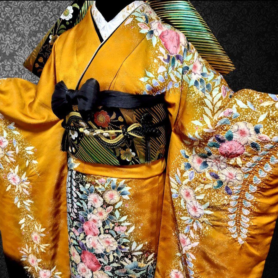 振袖フルセット(7点)・成人式・辻ヶ花・落款あり・翠山工房・花絞り・高級手縫い