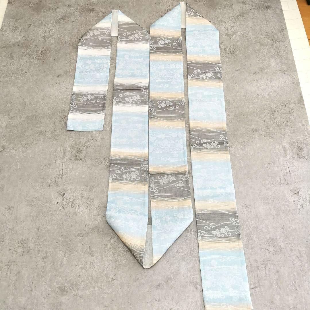 【一点物×一生モノ】正絹 紋紗の半幅帯 リバーシブル 水色 グレー 涼しげ