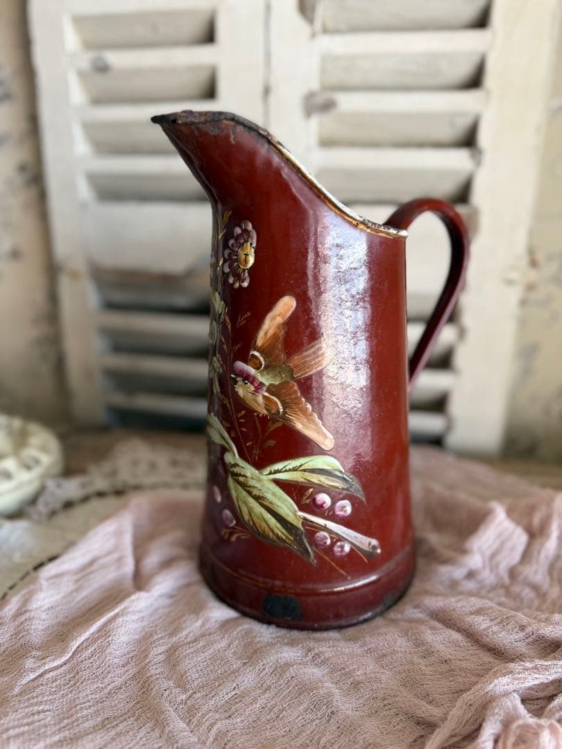 フランスアンティークブラウン小鳥と草花のハンドペイントのホーロージャグピッチャー