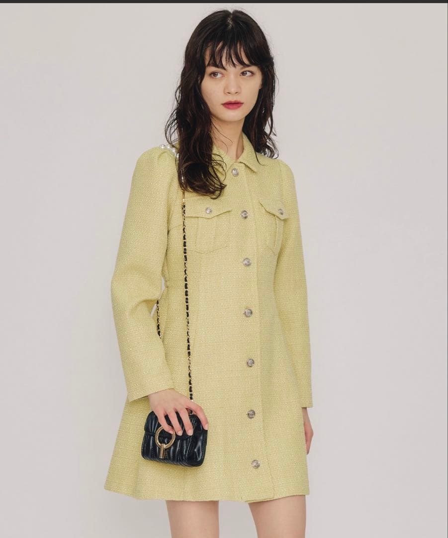 REDYAZEL エンブレムボタンツイードシャツミニワンピース イエローMサイズ