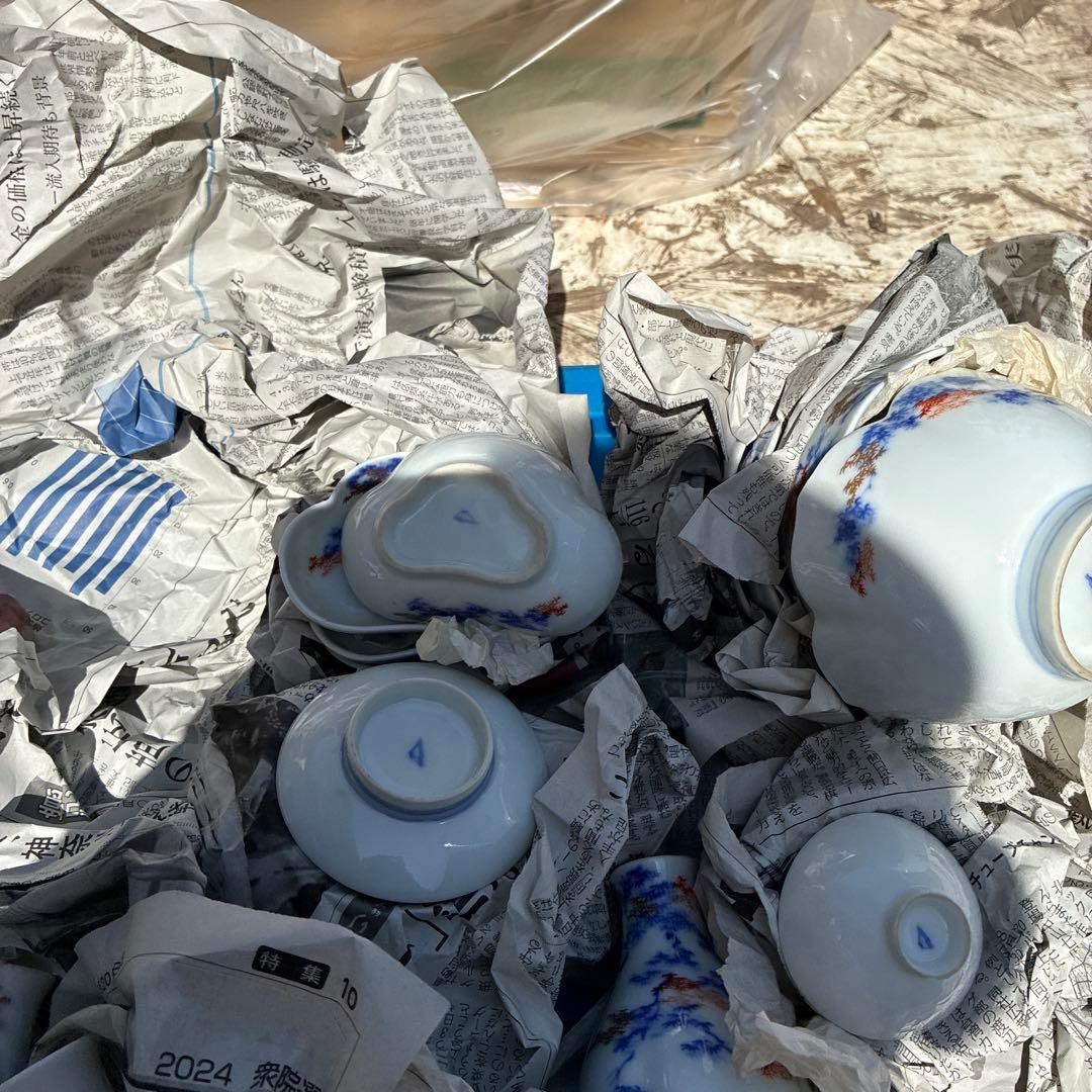 オールド深川青磁もみじ紅葉　皇室御用達　平皿小皿カップセット計54 富士流水裏印