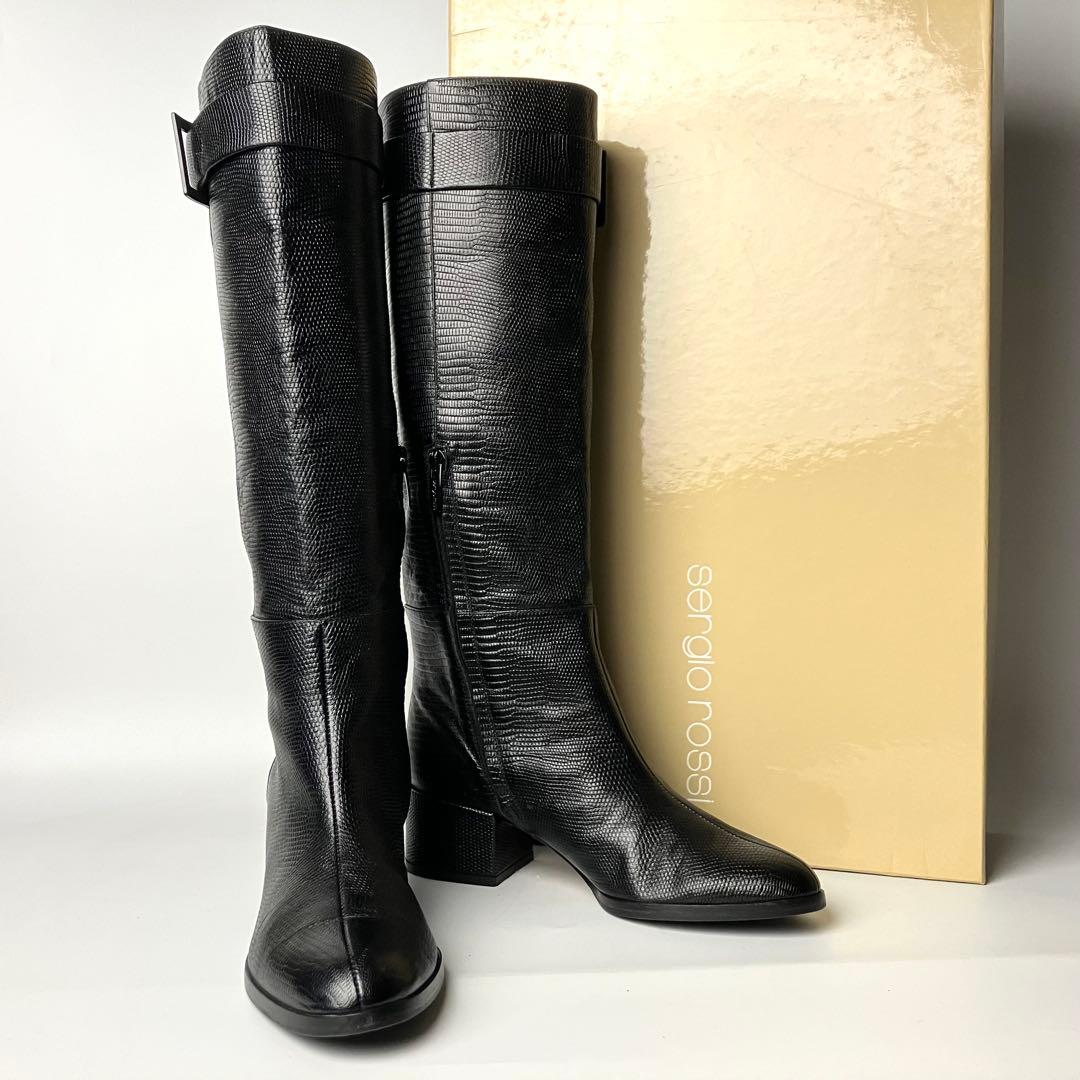 【美品】セルジオロッシ　リザードロングブーツ　ブラックバックル　黒22.5 近年