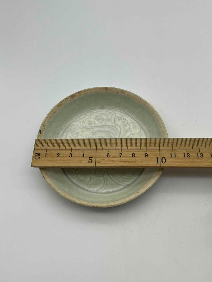 北宋時代 湖田窯 青磁刻花鳳尾花文房洗 覆燒 覆輪口 影青 古皿唐物(F-90)