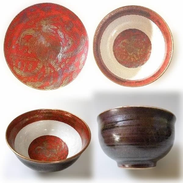 古い 永楽 染付 赤絵 のぞき 唐草文 鳳凰 茶道具 杉保管箱