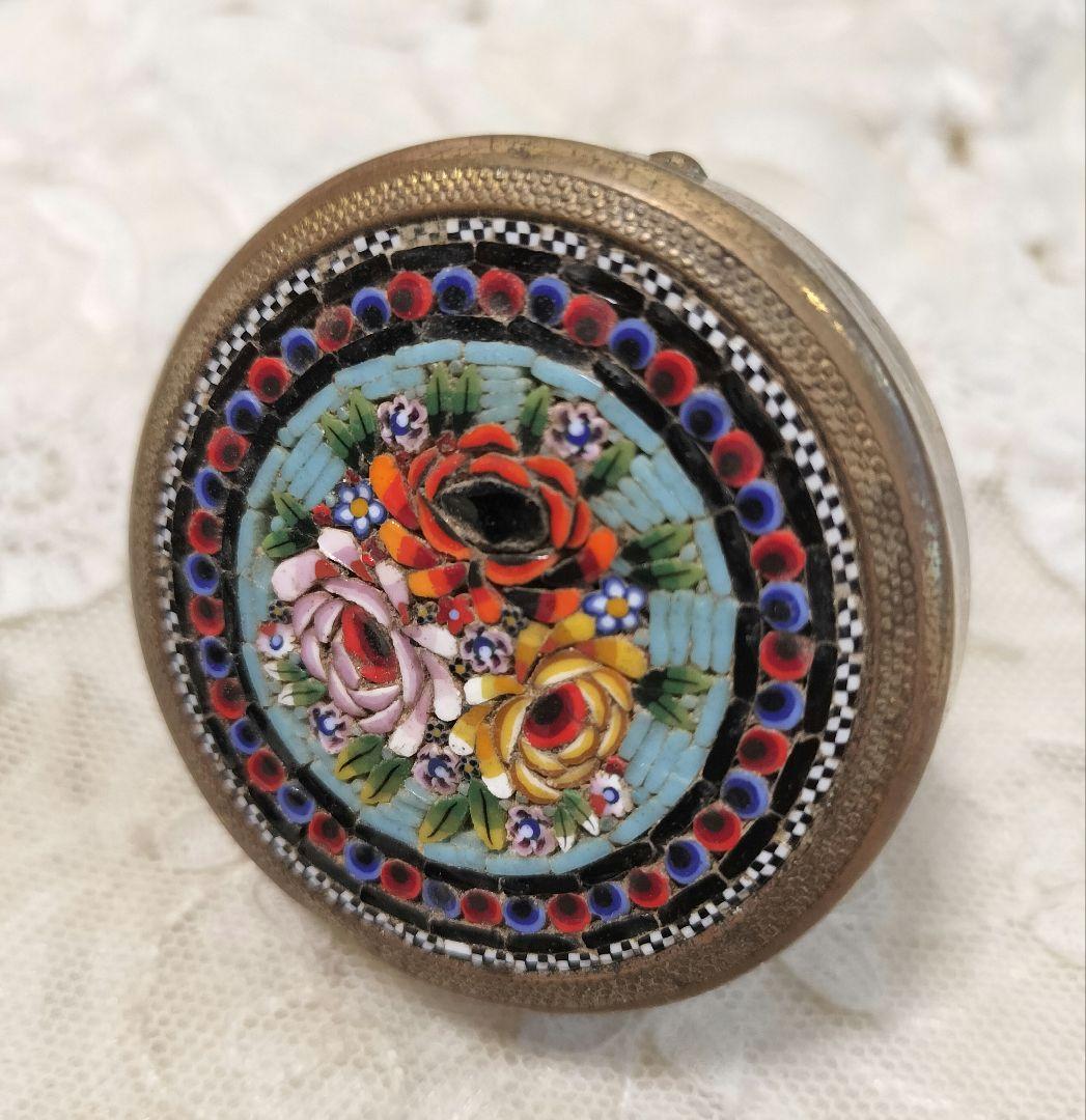 ITALY製 マイクロモザイク コンパクトミラー 小物入れに 薔薇 アンティーク