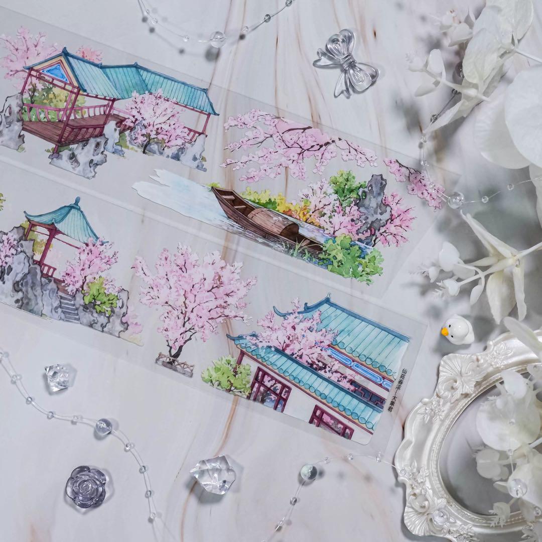 【9488】海外　5m巻　PETマスキングテープ春景色　東屋　ピンク　装飾背景系