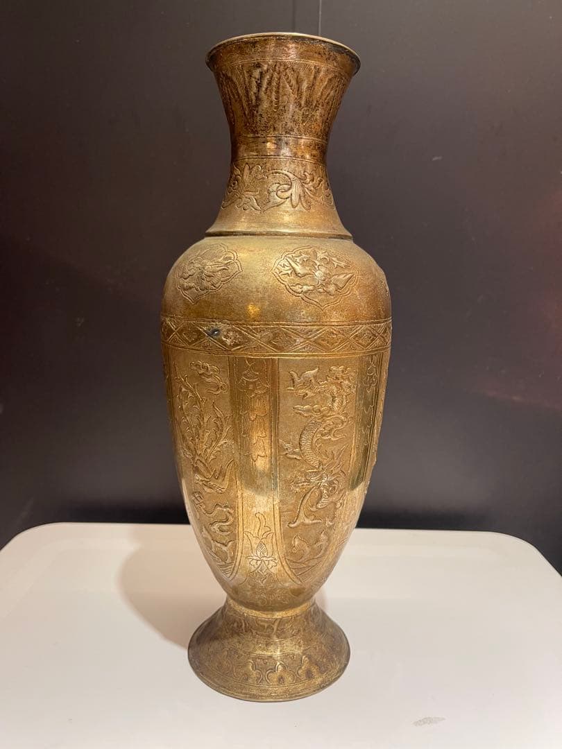 ダ*吉様 金属製 龍と鳳の模様 花瓶 約30cm 手打ち