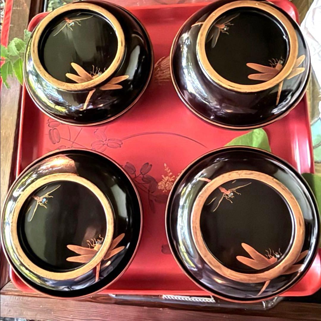 Ｂ様へ感謝お嫁入り‼️レアなかげろふJAPAN螺鈿蒔絵『蜻蛉＆菊＆木蓮上黒持椀4客