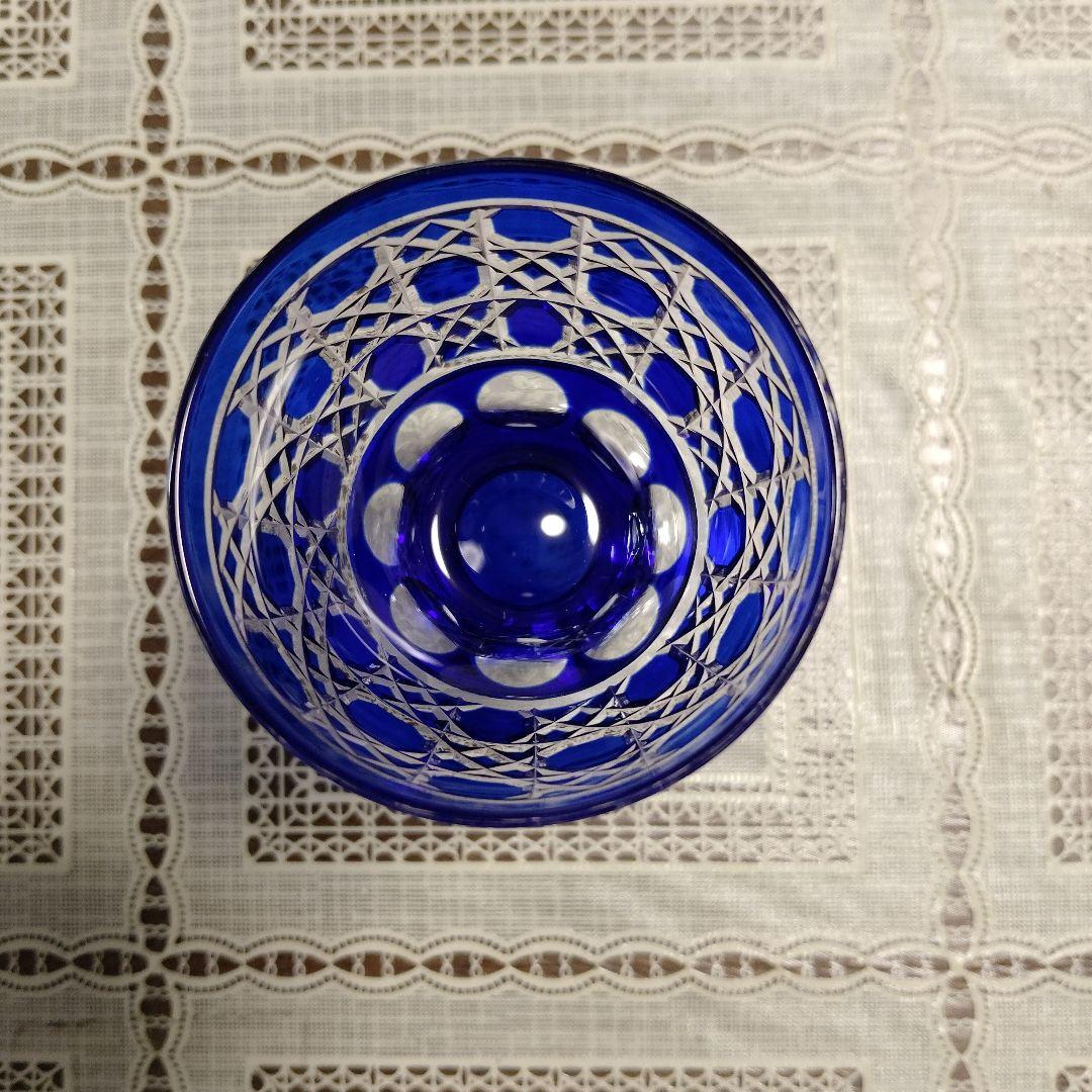 \"未使用\" ヤマザキガラス製　薩摩切子　色彩グラス3個セット(南蛮青、赤、藍)