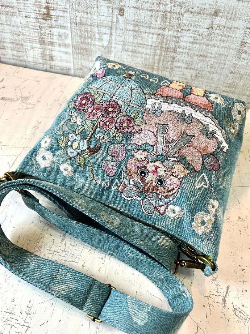 インディゴハート柄デニム♡刺繍のショルダーバッグ♡フリルリボン猫ちゃん