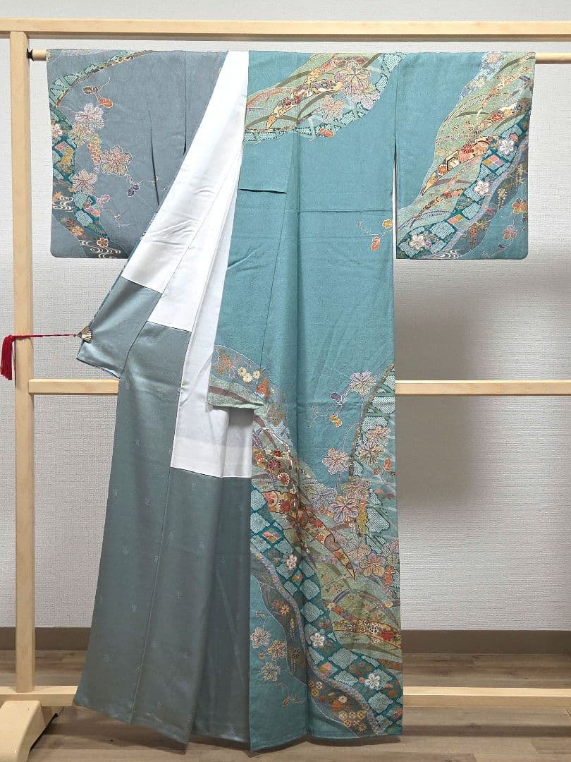 C◆着物くつろぎ 吉祥文様 金彩 宝尽し 雪輪 露草 袷 正絹 訪問着 着物