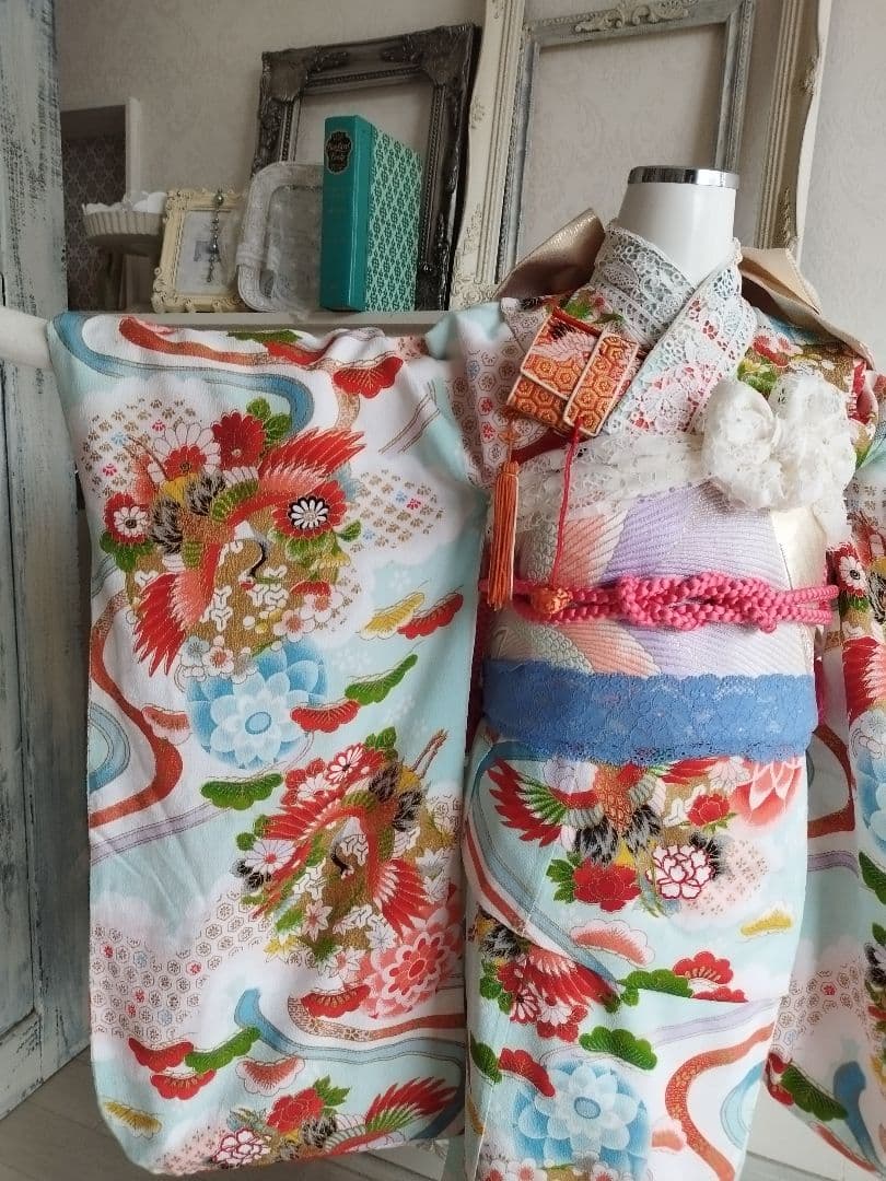 アンティーク白、ブルーの着物と作り帯セット