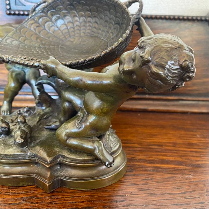 フランスオーギュストモローブロンズ像　籠を抱える二人の天使とても可愛いサインあり