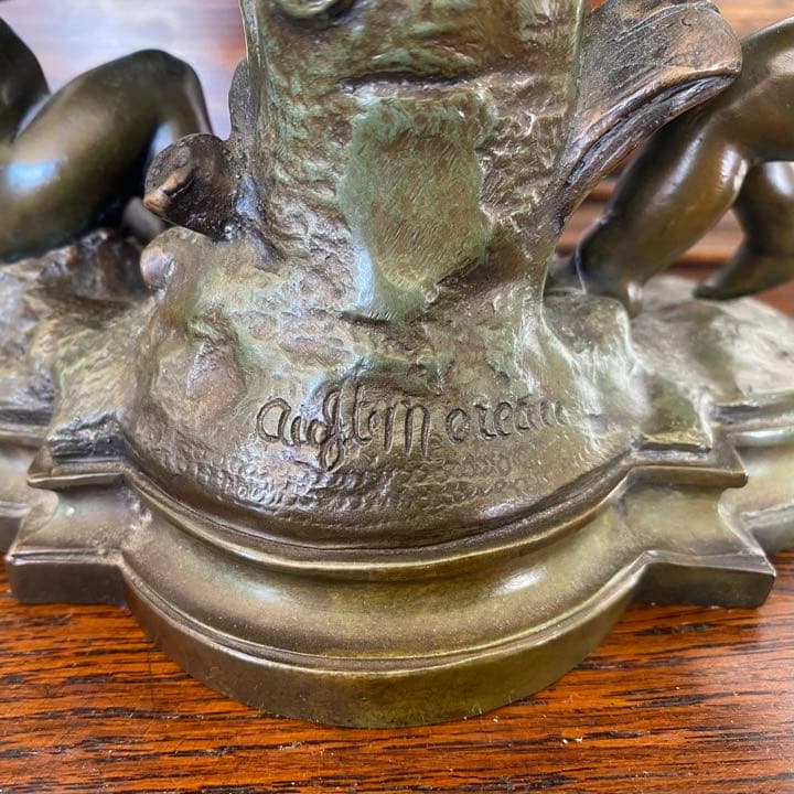 フランスオーギュストモローブロンズ像　籠を抱える二人の天使とても可愛いサインあり