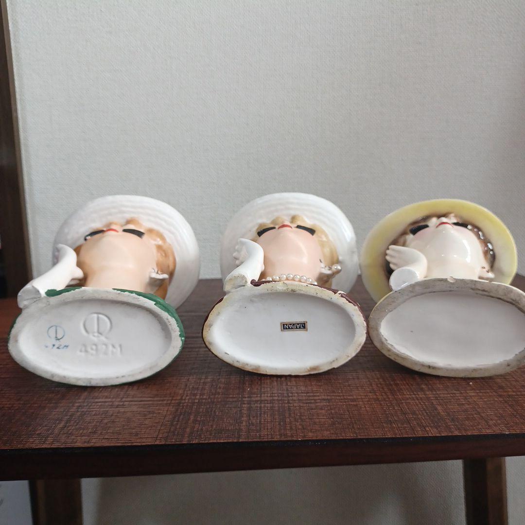 ビンテージ レディヘッドベース 陶器製置物花瓶　右手を頬の添えた美女3点セット