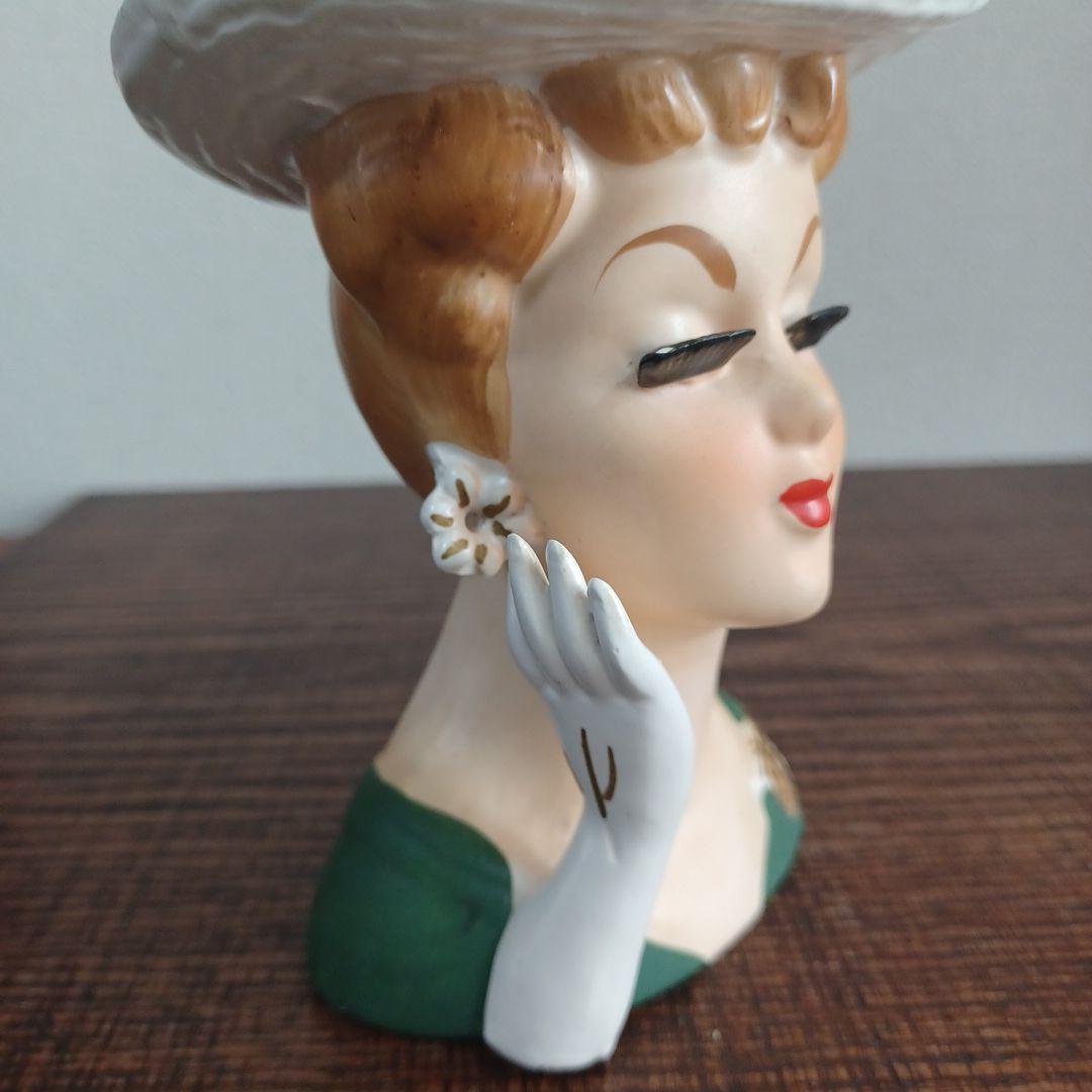 ビンテージ レディヘッドベース 陶器製置物花瓶　右手を頬の添えた美女3点セット
