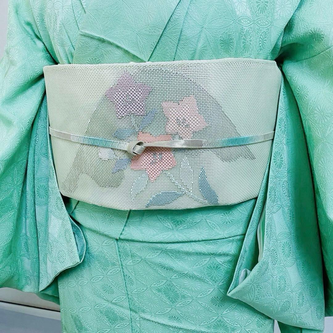 美品　単衣　正絹　紋付　色無地　フルセット　七宝に花菱地紋　西陣唐織袋帯　マ8