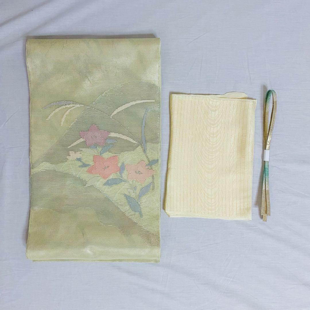 美品　単衣　正絹　紋付　色無地　フルセット　七宝に花菱地紋　西陣唐織袋帯　マ8