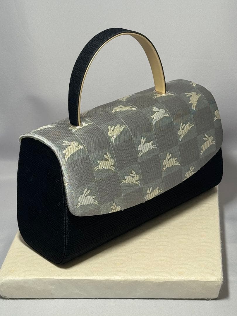 [極美品] 和装バッグ　利休バッグ　ハンドバッグ　黒　市松　兎　略礼装　洒落着
