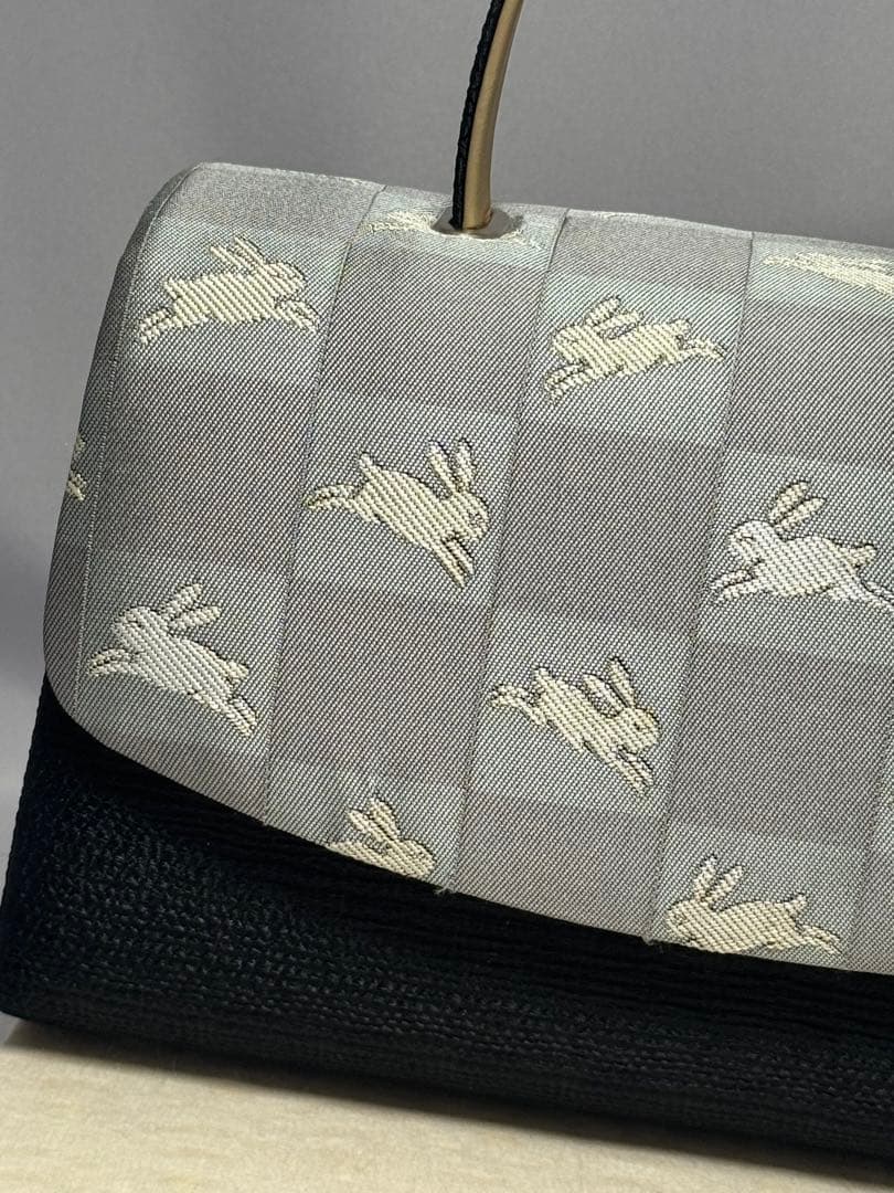 [極美品] 和装バッグ　利休バッグ　ハンドバッグ　黒　市松　兎　略礼装　洒落着