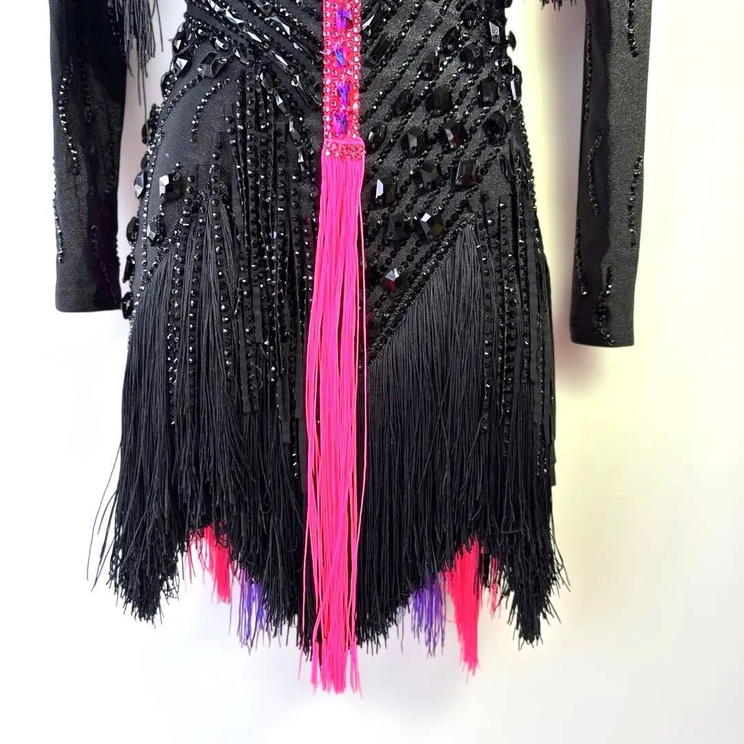 6317★ S 黒 ラインストーン フリンジ ラテンドレス 社交ダンス