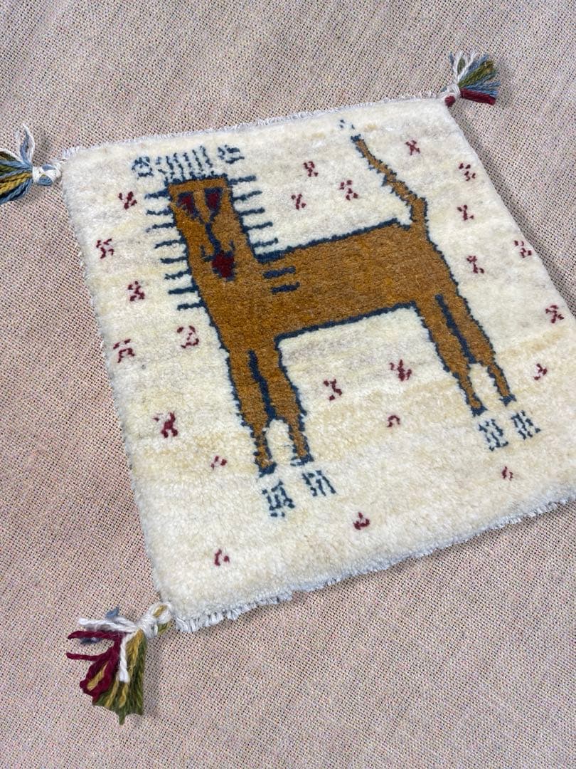 ギャッベ　ライオン　椅子用マット　座布団　40x40 ペルシャ　本物　手織り