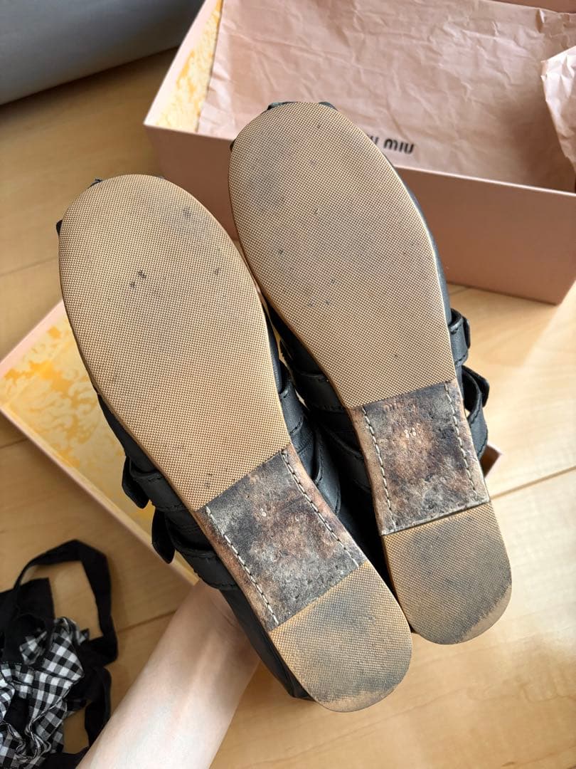 miumiu ミュウミュウ　ダブルストラップ　バレエシューズ　ギンガムチェック