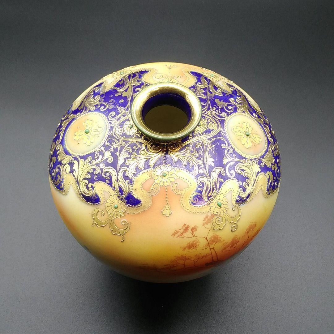 オールドノリタケ カントリーロード コバルト 金盛りジュール花瓶 メイプルリーフ