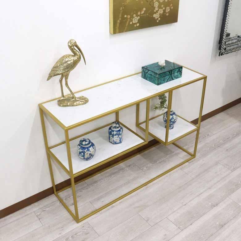 コンソールテーブル アイアン 大理石 ホワイト ディスプレイスタンド 棚付き