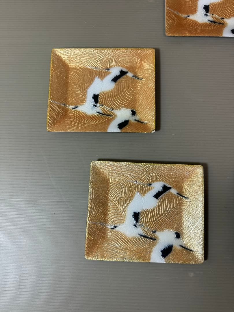 2936 七宝焼　金地双鶴　角皿　5客