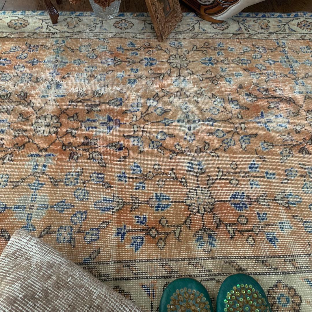 トルコヴィンテージラグ　 シャビーオレンジ　200×114 幅広　 ボタニカル