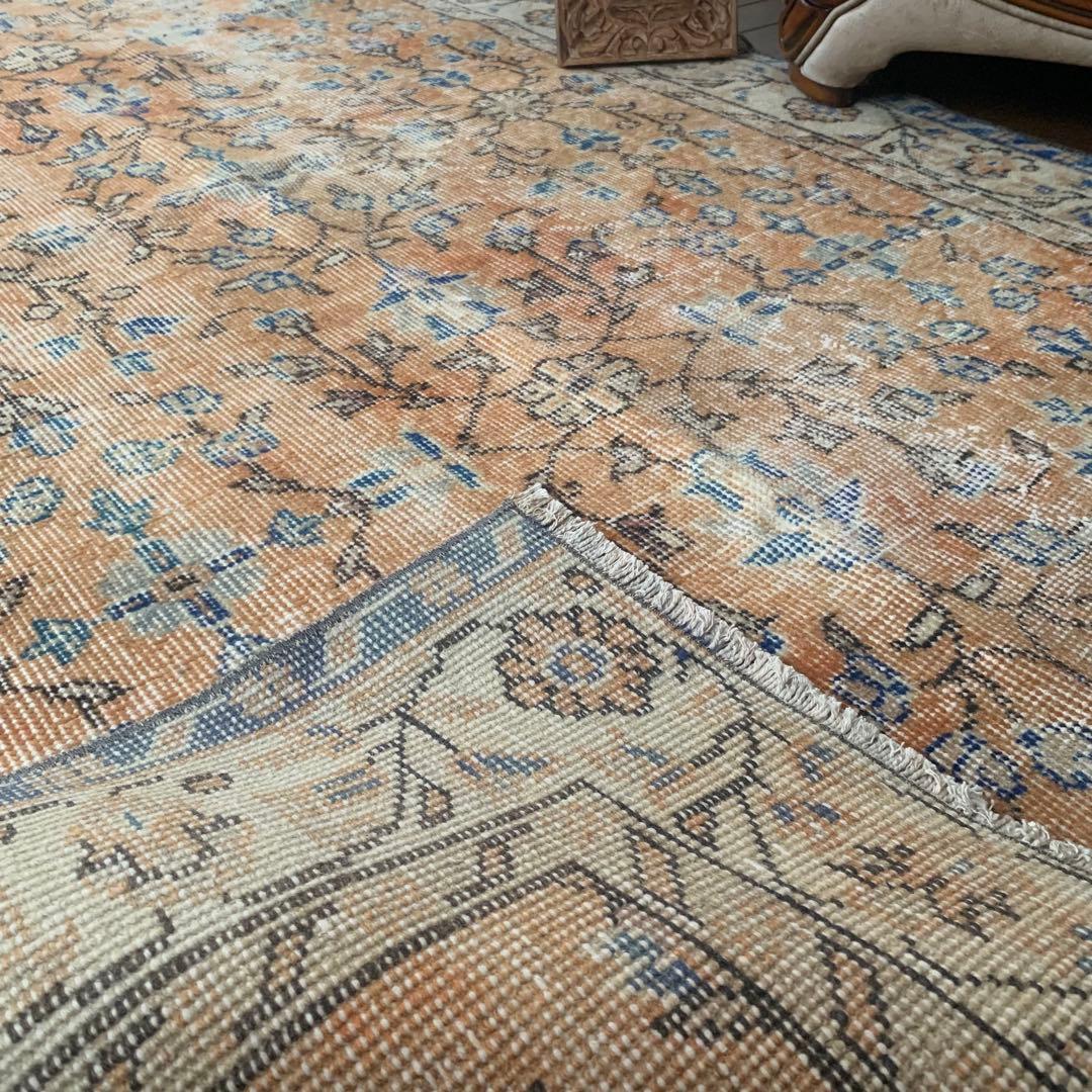 トルコヴィンテージラグ　 シャビーオレンジ　200×114 幅広　 ボタニカル