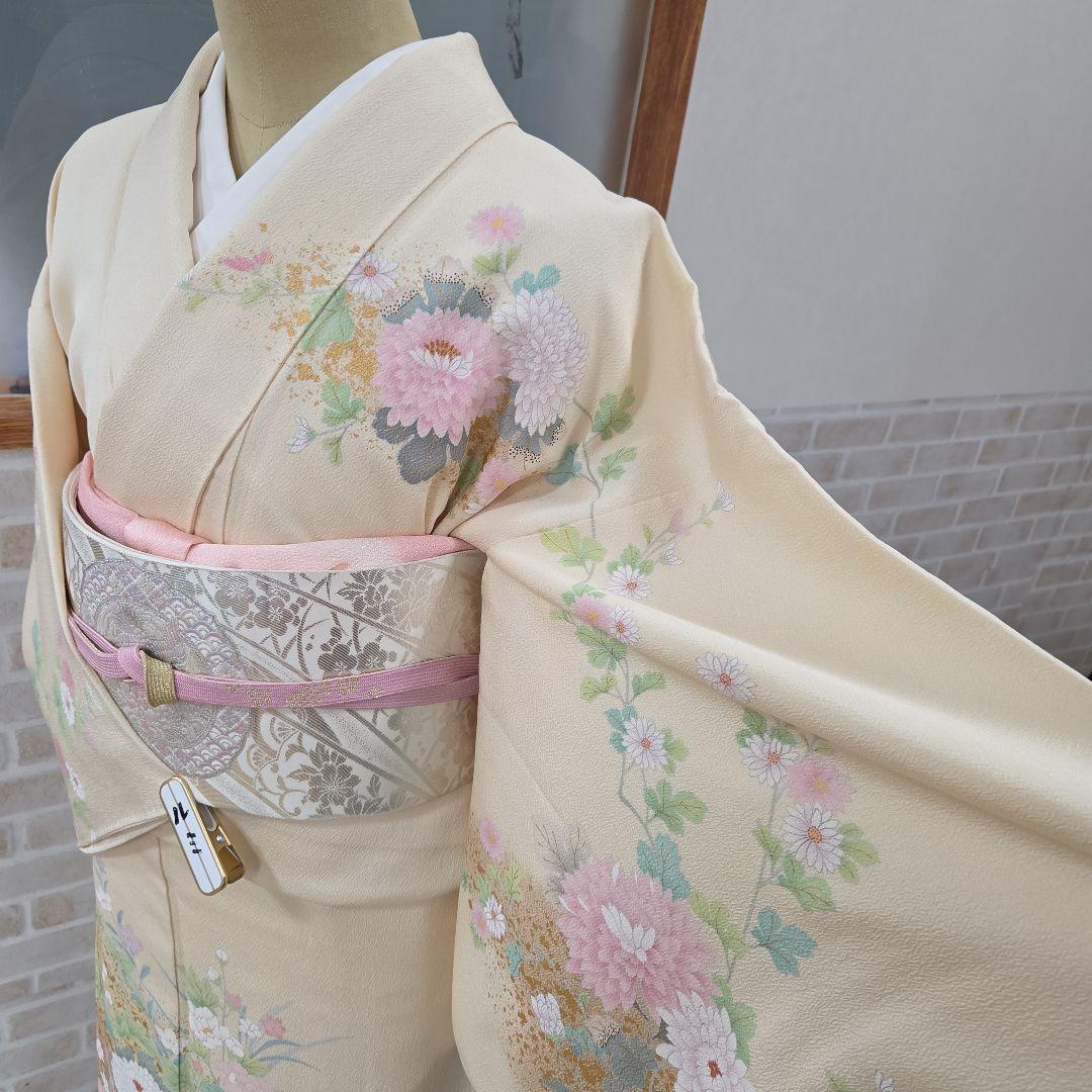 訪問着 クリーム系4点フルセット、着物、袋帯、帯締め、帯揚げ