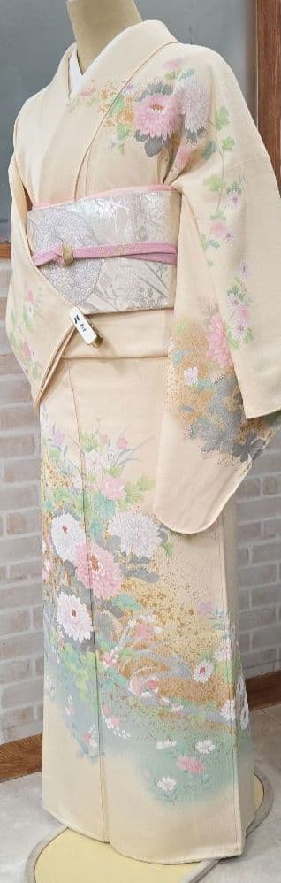 訪問着 クリーム系4点フルセット、着物、袋帯、帯締め、帯揚げ