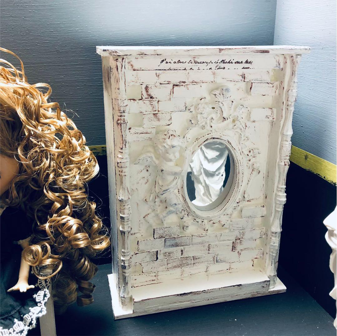 ❤アンティーク加工 リバーシブル天使の壁型ミラーオブジェ 裏面シェルフ ブライス