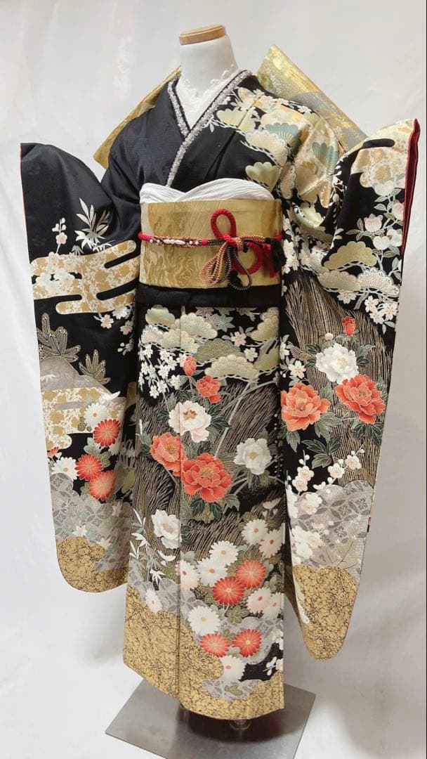 牡丹 菊 箔 金糸 黒 正絹 振袖 成人式　振袖6点セット　振袖フルセット