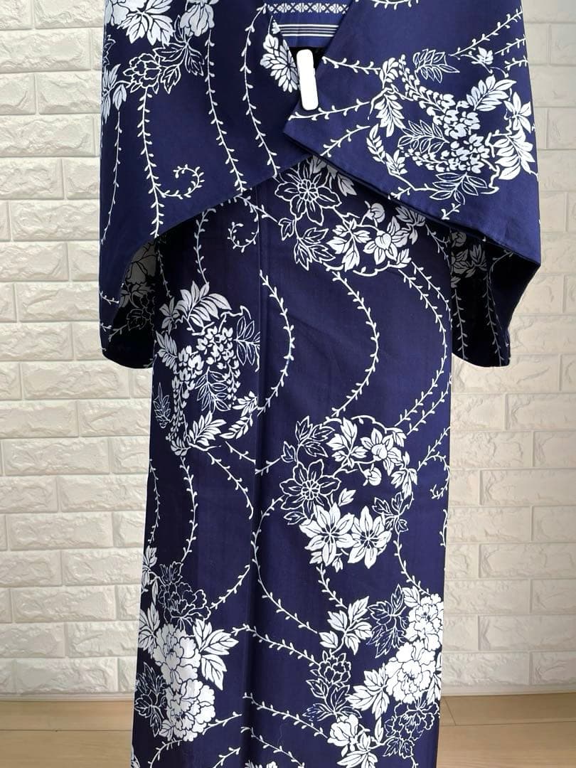 【超超美品】浴衣 夏着物 単衣 普段着物 紺色藍色花柄 木綿 裄長 トールサイズ