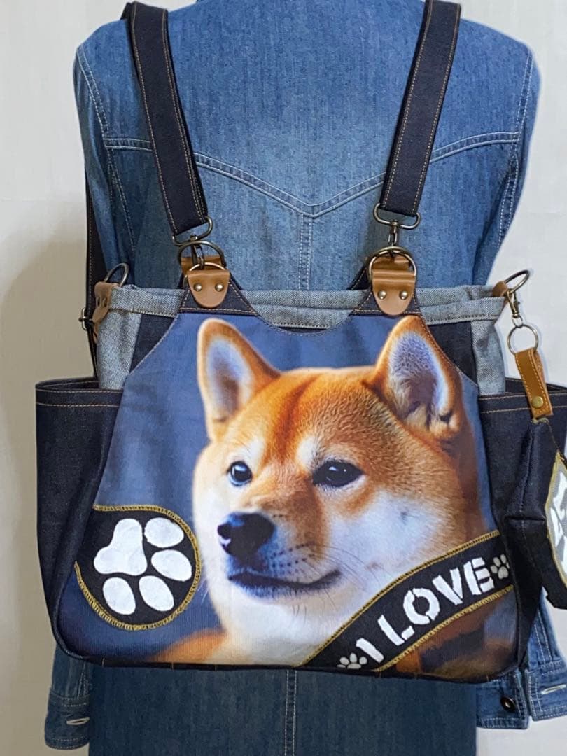 ☆ハンドメイド☆岡山デニム☆柴犬☆4wayあおりバッグ