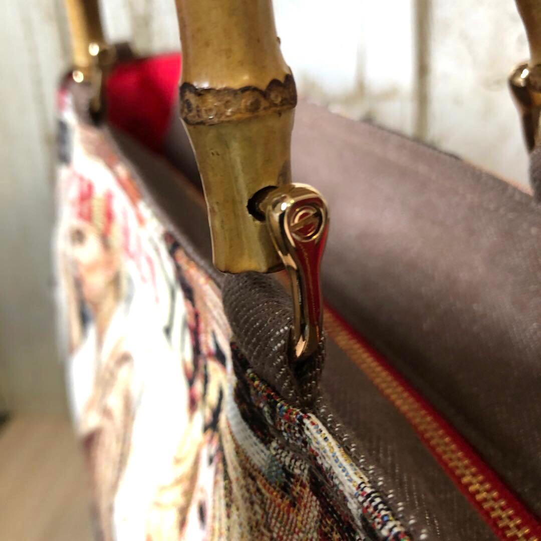 トートバッグ　ハンドメイド　デニムリメイク　ブラウン×レッド　バンブー【新品】