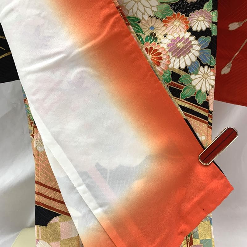 510ag17□七五三 七歳 女児 着物&袋帯 架け橋に花車 蝶 桜□状態良好