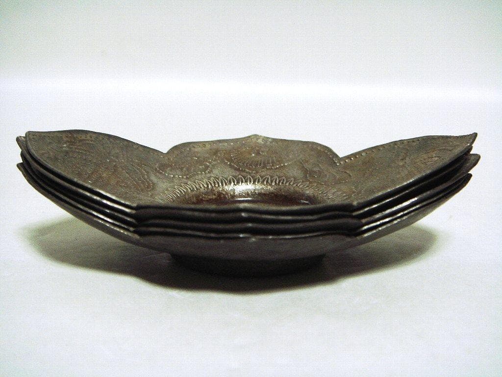 @624『中国美術 古錫 十字紋茶托 ５枚』/骨董品 古美術 古玩 アンティーク