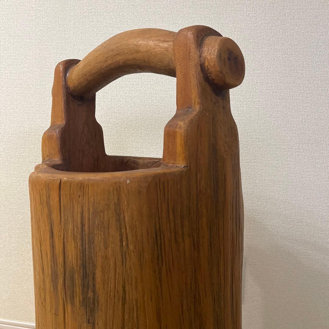 天然無垢材　古道具　レトロ　手桶型傘立て　花器　くり抜き 手桶型 置物 オブジェ
