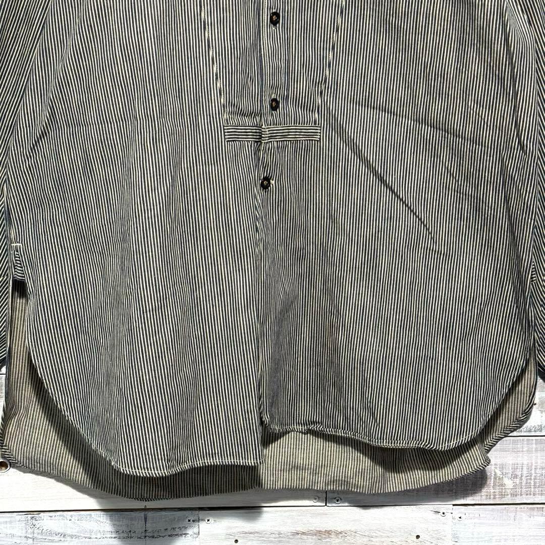 45R インディゴ染 バンドカラーシャツ ストライプ ヒッコリー 刺繍