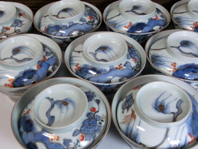 蓋茶碗■古い伊万里花唐草色絵染付 江戸後期 蓋鉢 蓋物 9客 時代物 骨董品■