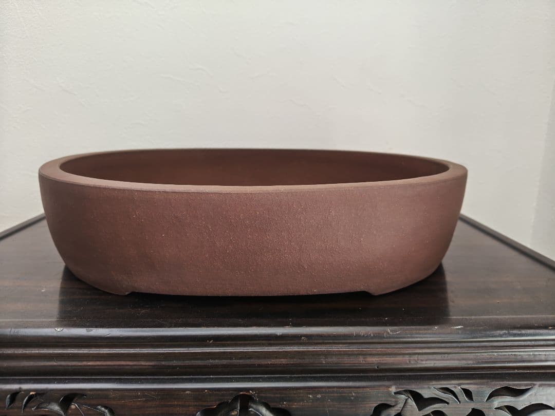 楕円形陶器盆栽鉢 茶色 排水穴付き　中型