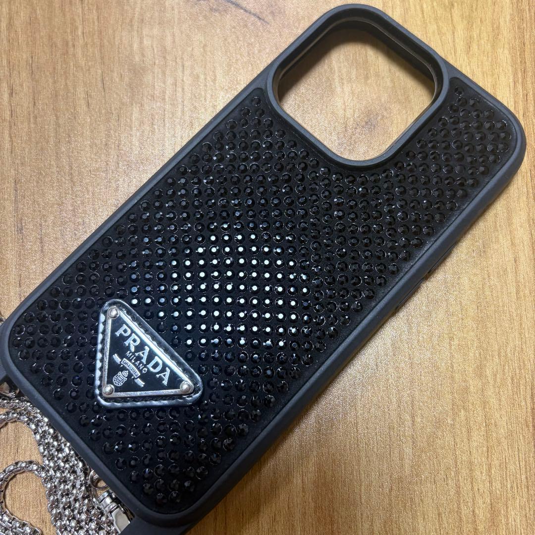 PRADA ストラップチェーン付き　クリスタル　iPhone用ケース ブラック
