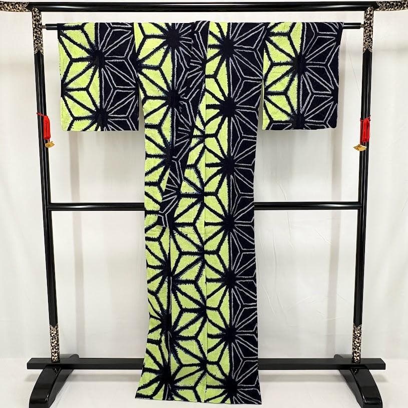 ゆりのはな　絞り浴衣　有松鳴海絞り　総絞り　トール　紺/黄緑色系　綿　J105